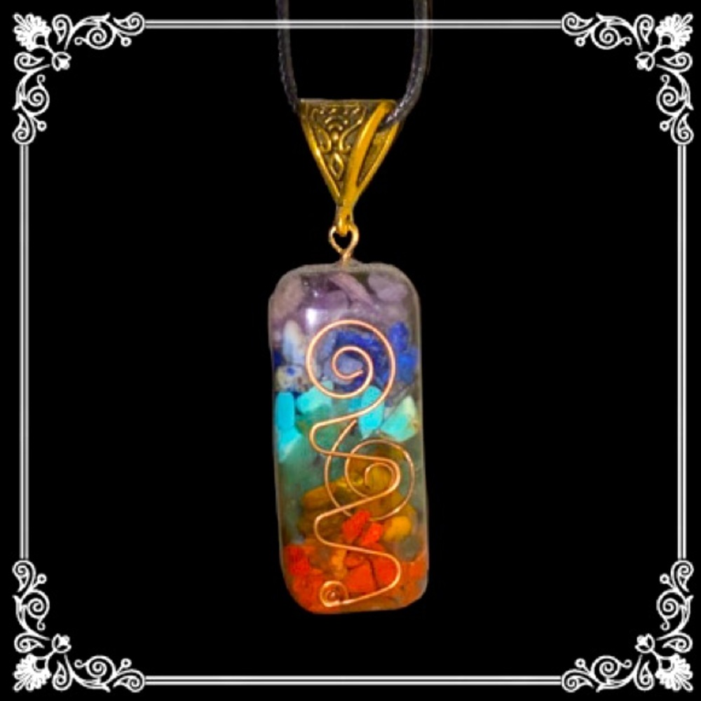 Orgonite & Mixed Gemstone Chakra Pendant Necklace On Black Cord